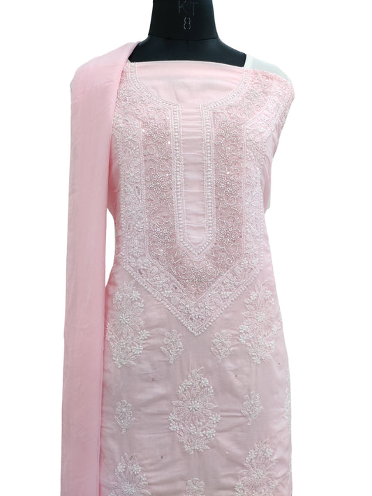 Shyamal Chikan Hand Embroidered Pink Cotton Lucknowi Chikankari Unstitched Suit Piece With Pearl Sequin & Cutdana Work - S24583