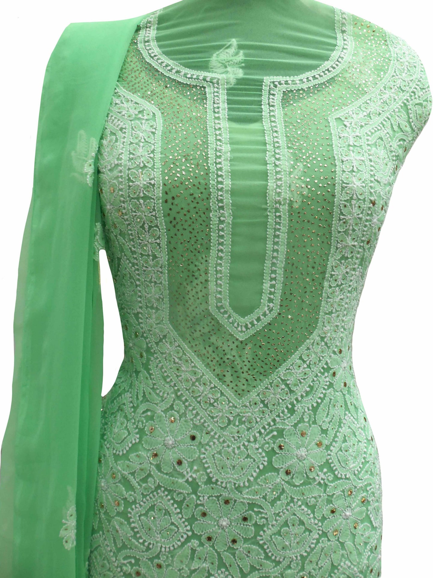 Shyamal Chikan Hand Embroidered Green Georgette Lucknowi Chikankari Unstitched Suit Piece With Mukaish Work - S5761