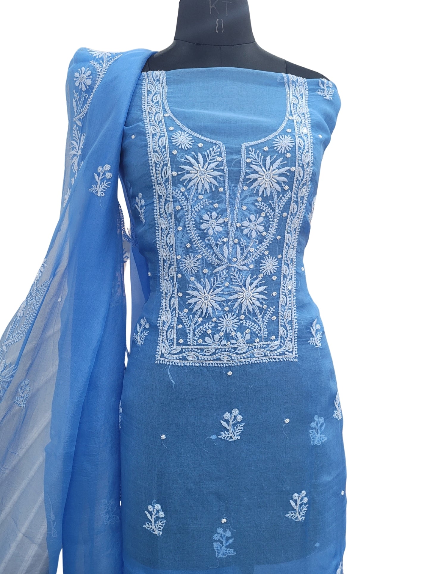 Shyamal Chikan Hand Embroidered Blue Organza Lucknowi Chikankari Unstitched Suit Piece (Kurta Dupatta Set) With Pearl and Cutdana Work - S24065