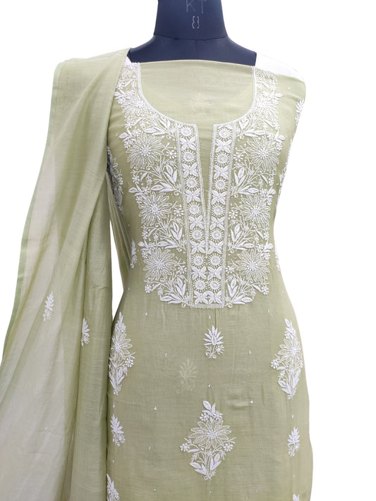 Shyamal Chikan Hand Embroidered Green Mul Chanderi Lucknowi Chikankari Unstitched Suit Piece with Cutdana & Sequin Work (Kurta Dupatta Set) - S23886