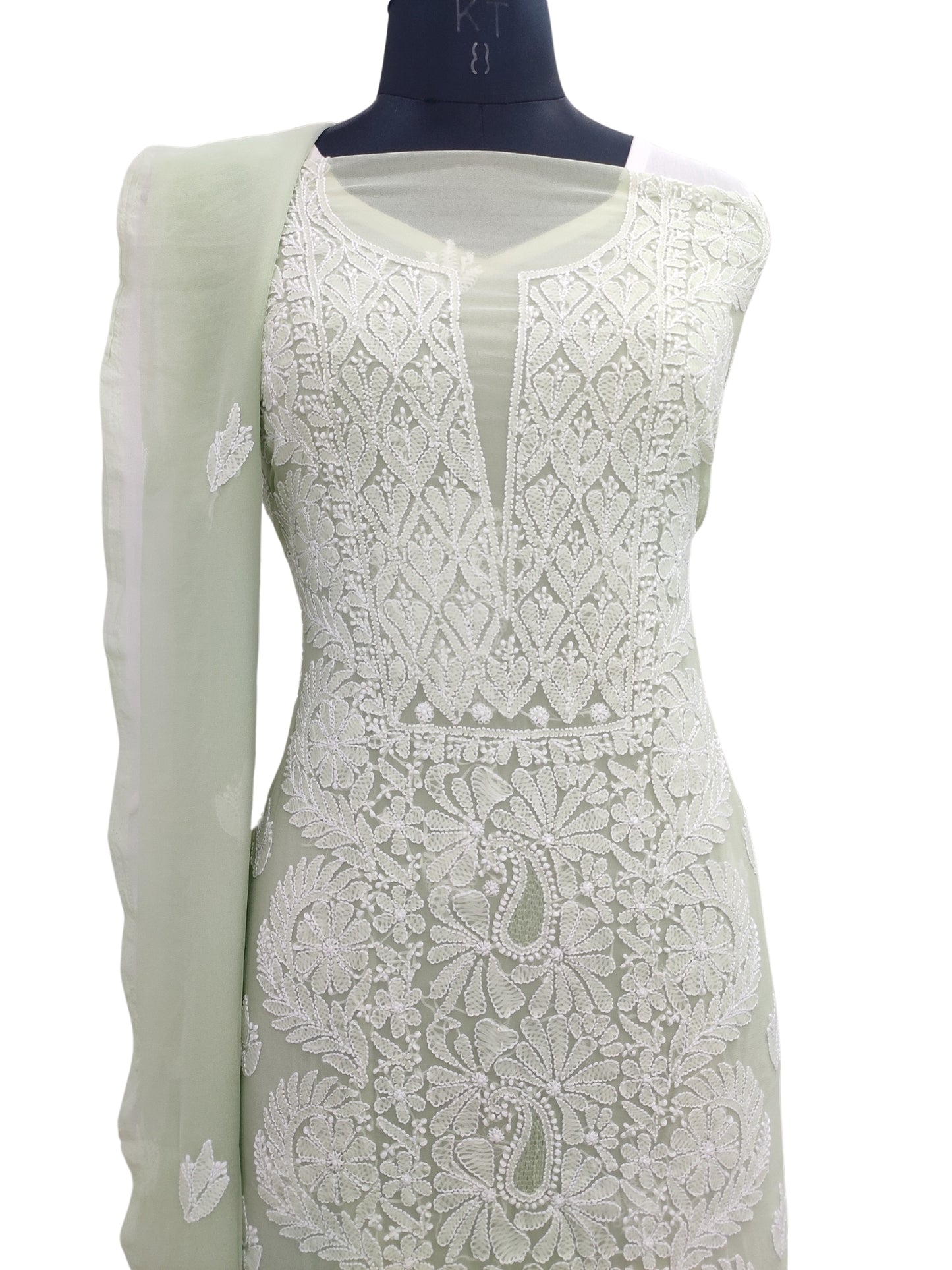 Shyamal Chikan Hand Embroidered Green Georgette Lucknowi Chikankari Unstitched Suit Piece - 24038