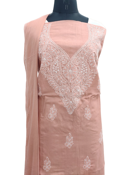 Shyamal Chikan Hand Embroidered Peach Cotton Lucknowi Chikankari Unstitched Suit Piece - S24754