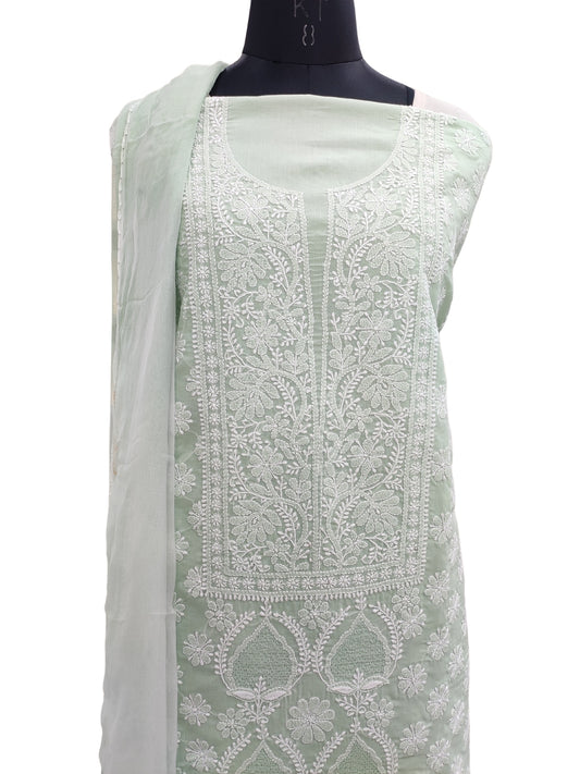 Shyamal Chikan Hand Embroidered Sea Green Cotton Lucknowi Chikankari Unstitched Suit Piece With Jaali Work- S21855