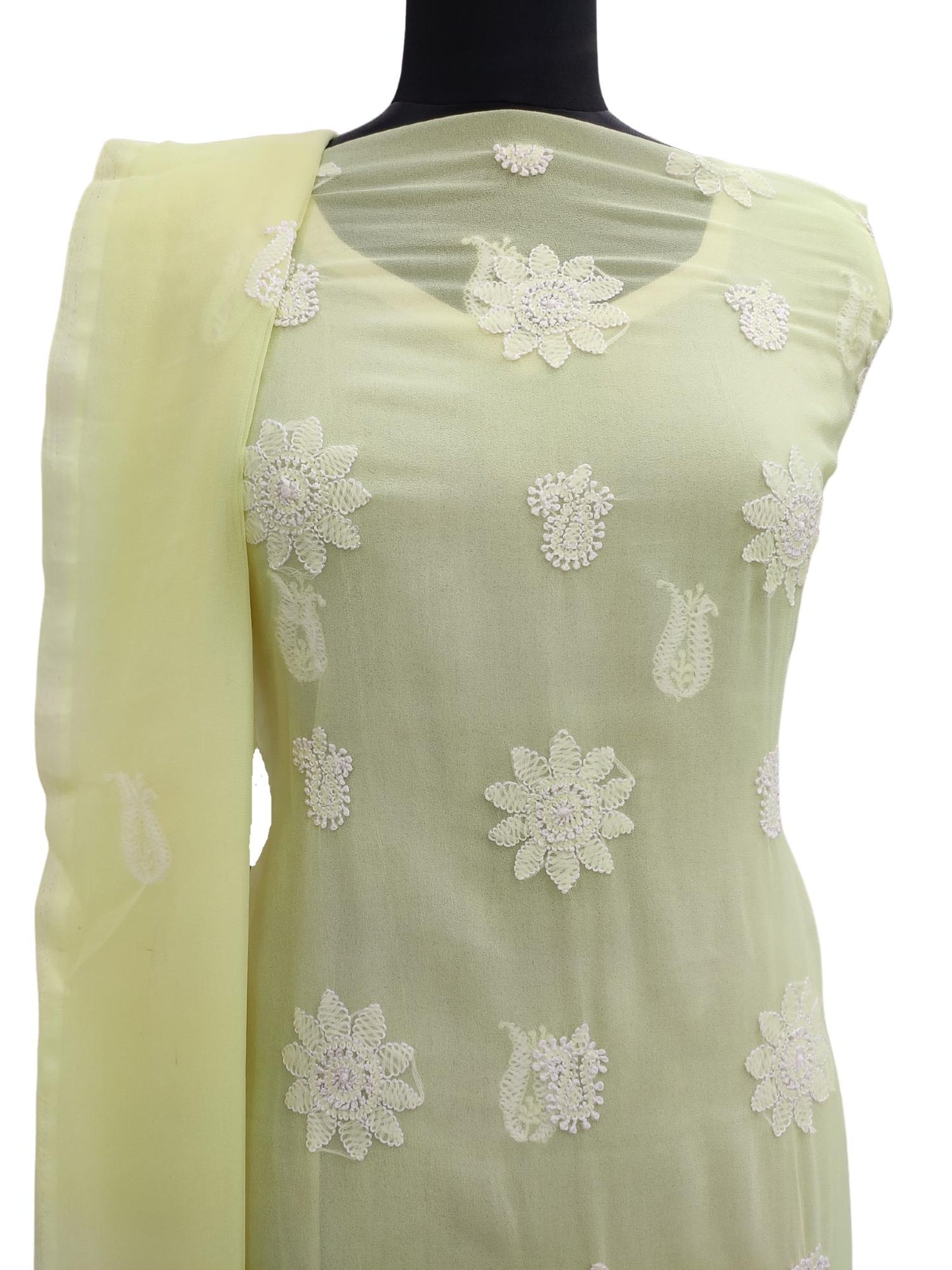 Shyamal Chikan Hand Embroidered Lemon Georgette Lucknowi Chikankari Unstitched Suit Piece - S8862