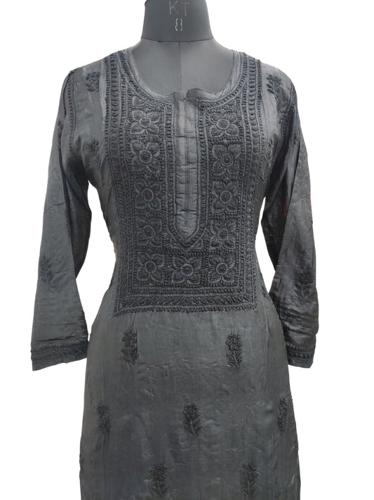 Shyamal Chikan Hand Embroidered Black Pure Tusser Silk Lucknowi Chikankari Kurti- S24417