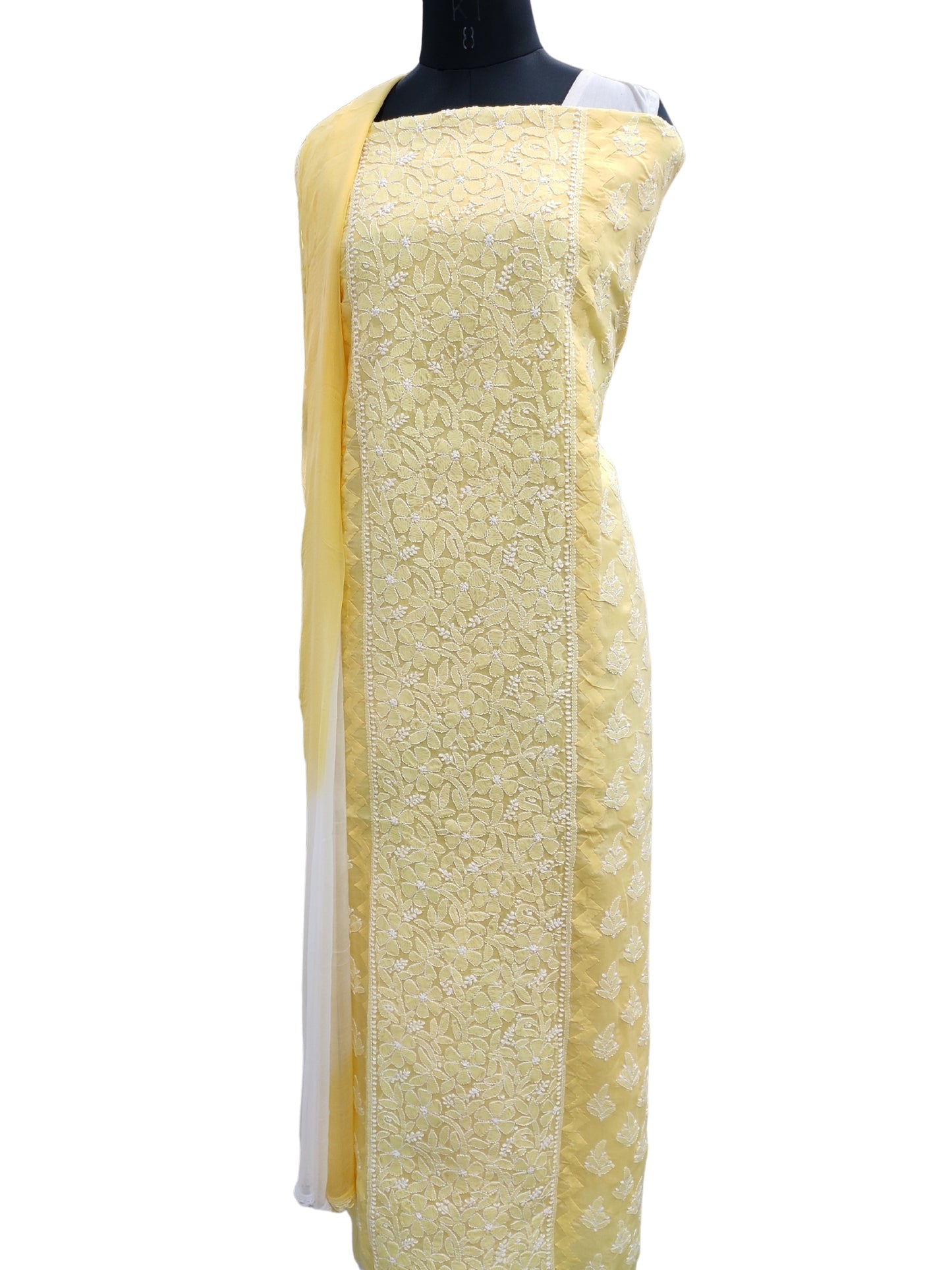 Shyamal Chikan Hand Embroidered Yellow Cotton Lucknowi Chikankari Unstitched Suit Piece With Daraz Work- S22232