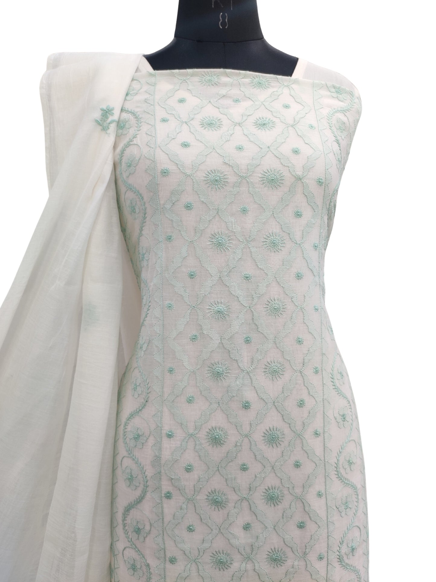 Shyamal Chikan Hand Embroidered White Mul Chanderi Lucknowi Chikankari Unstitched Suit Piece (Kurta Dupatta Set) - 23543