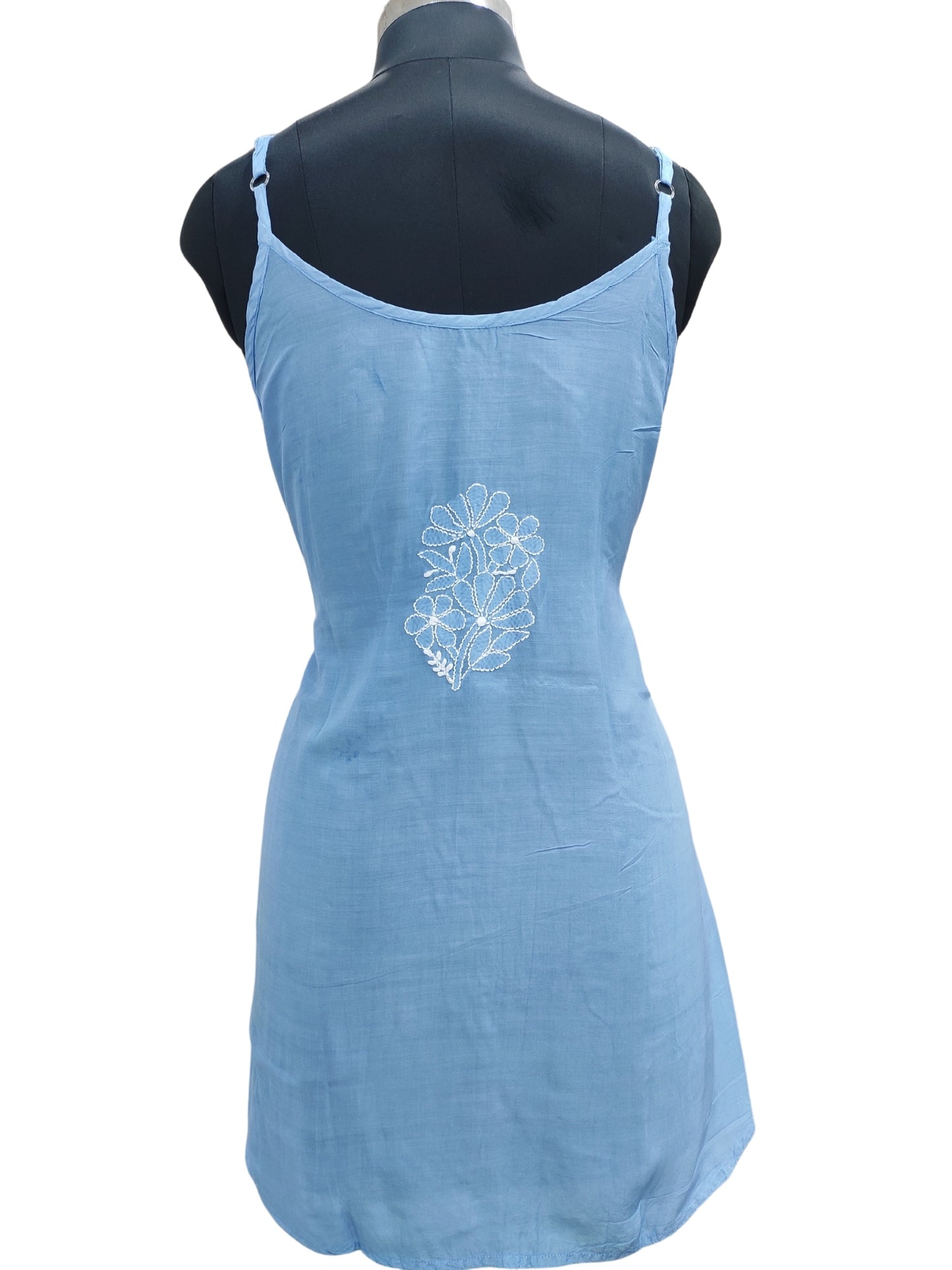 Shyamal Chikan Hand Embroidered Blue Muslin Noodle Strap Lucknowi Chikankari Short Top - S24840