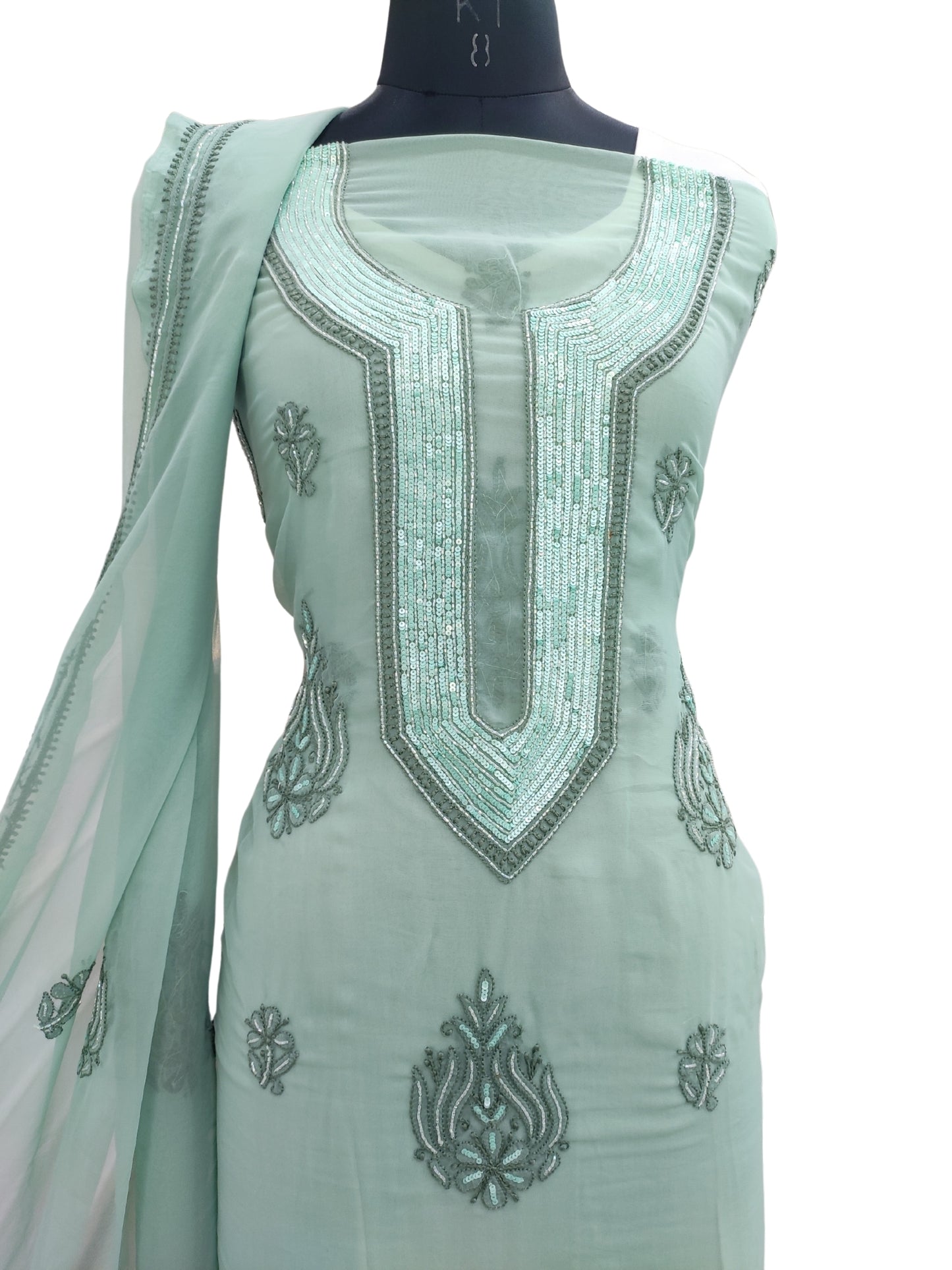 Shyamal Chikan Hand Embroidered Green Georgette Lucknowi Chikankari Unstitched Suit Piece With Cutdana & Sequin Work - S24377