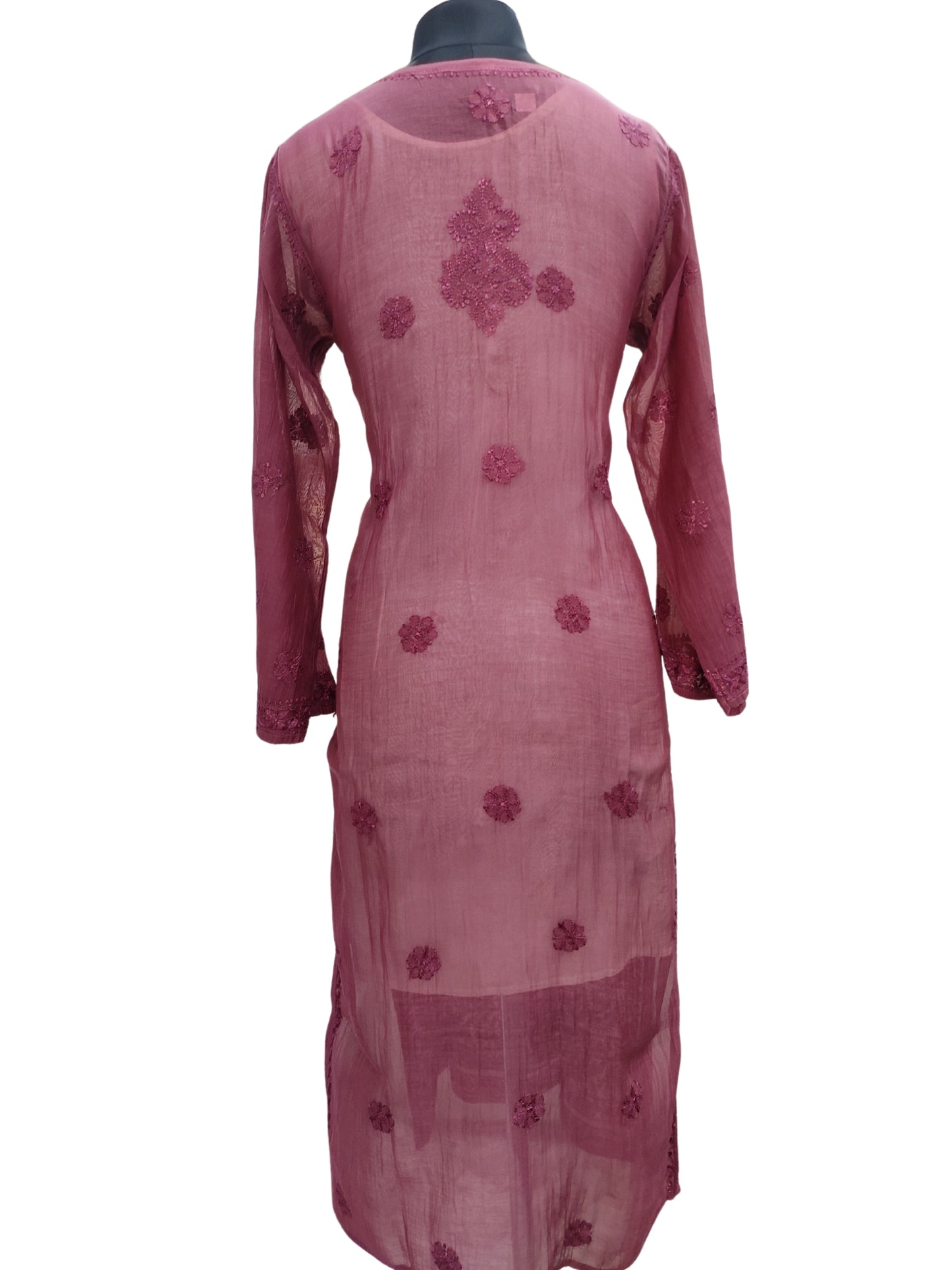 Shyamal Chikan Hand Embroidered Wine Mul Chanderi Lucknowi Chikankari Kurti - S24225