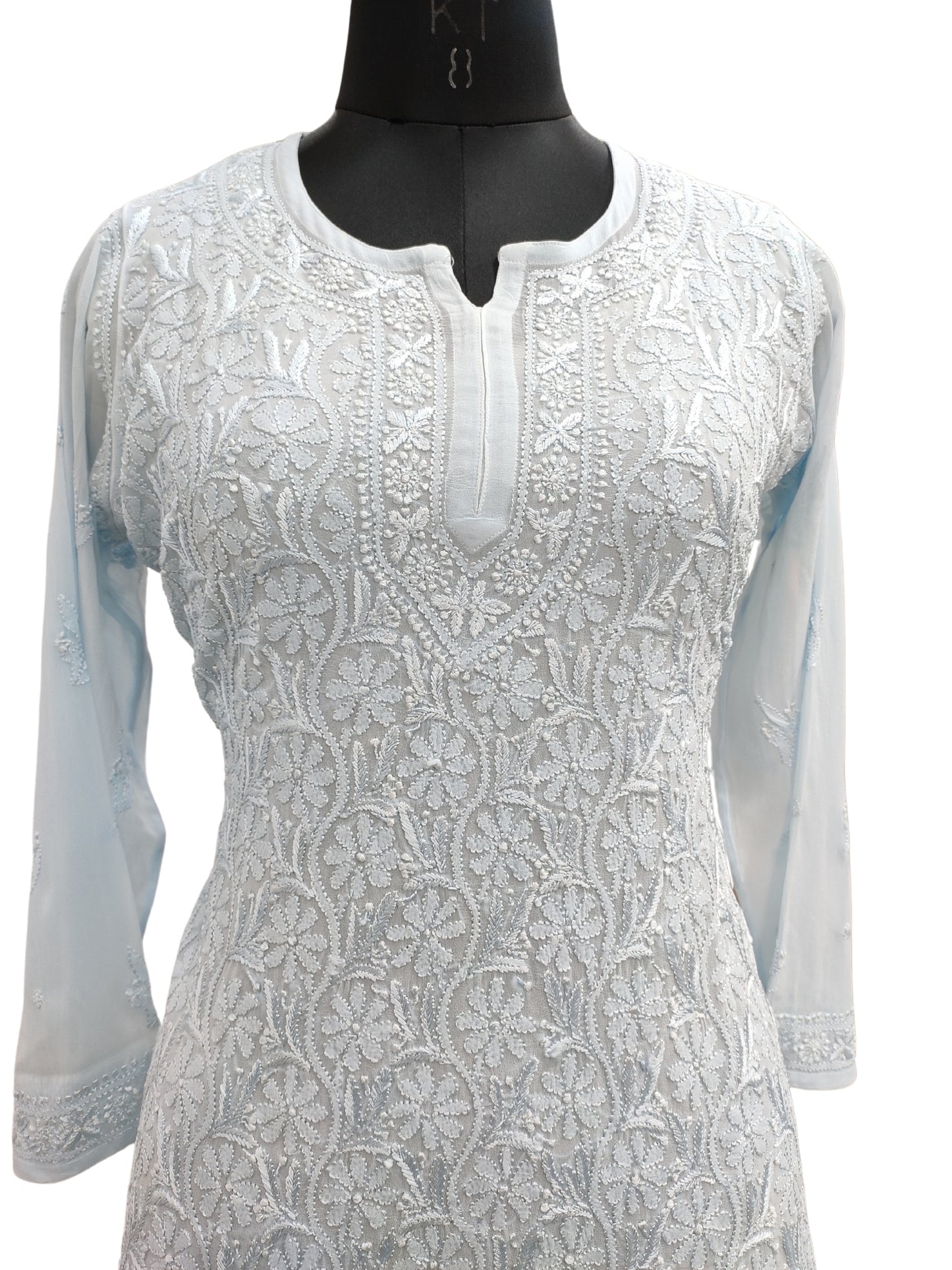 Shyamal Chikan Hand Embroidered Blue Viscose Georgette Lucknowi Chikankari Short Top - S25342