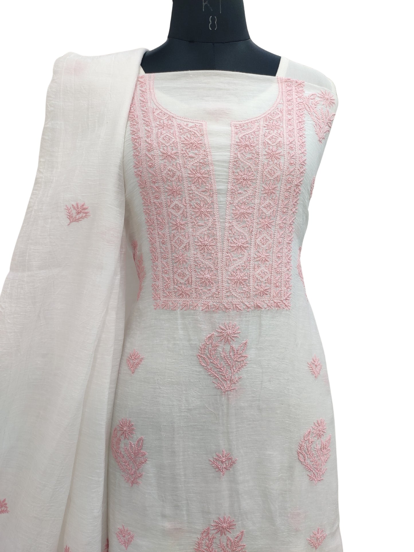 Shyamal Chikan Hand Embroidered White Pure Lenin Lucknowi Chikankari Unstitched Suit Piece (Kurta  Dupatta Set )- S22865