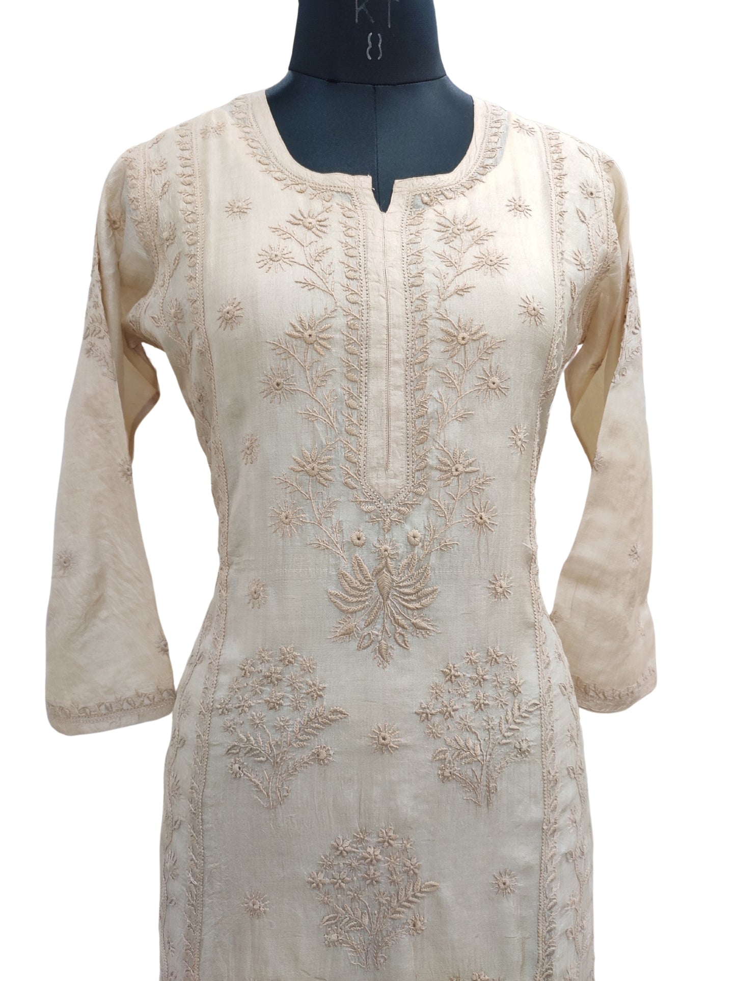 Shyamal Chikan Hand Embroidered Beige Pure Tusser Silk Lucknowi Chikankari Kurti- S25561