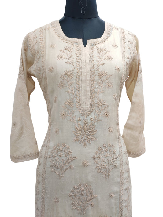 Shyamal Chikan Hand Embroidered Beige Pure Tusser Silk Lucknowi Chikankari Kurti- S25561