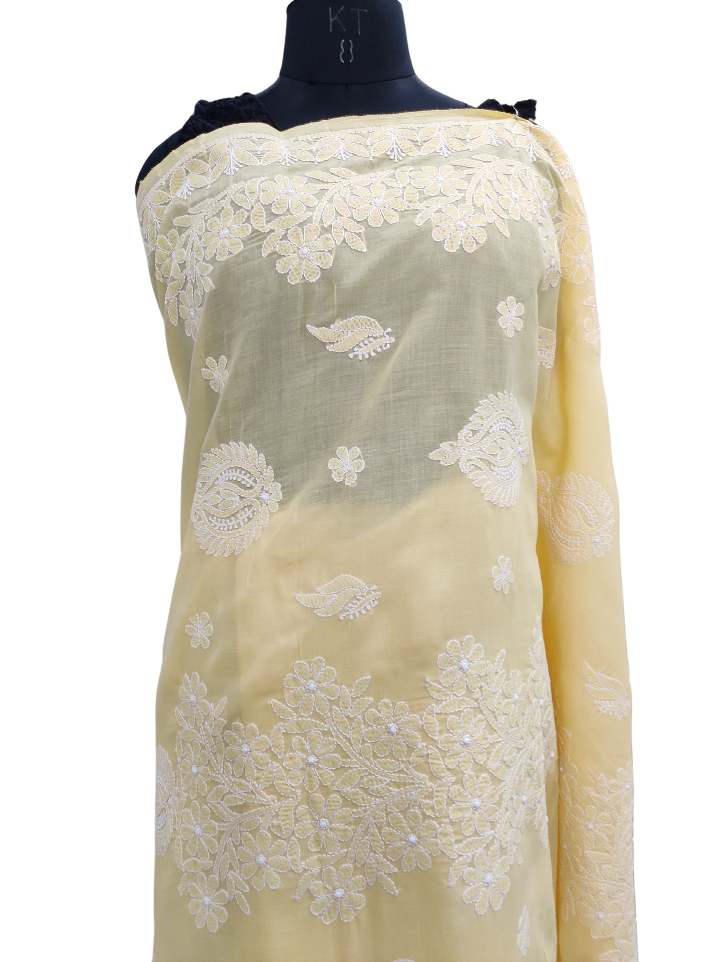 Shyamal Chikan Hand Embroidered Yellow Cotton Lucknowi Chikankari Saree With Blouse Piece- S22525