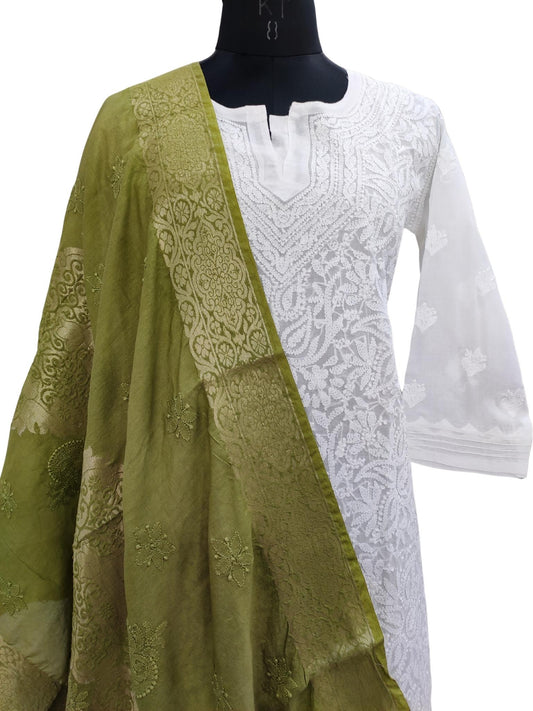 Shyamal Chikan Hand Embroidered Green Chanderi Silk Lucknowi Chikankari Dupatta - S20103