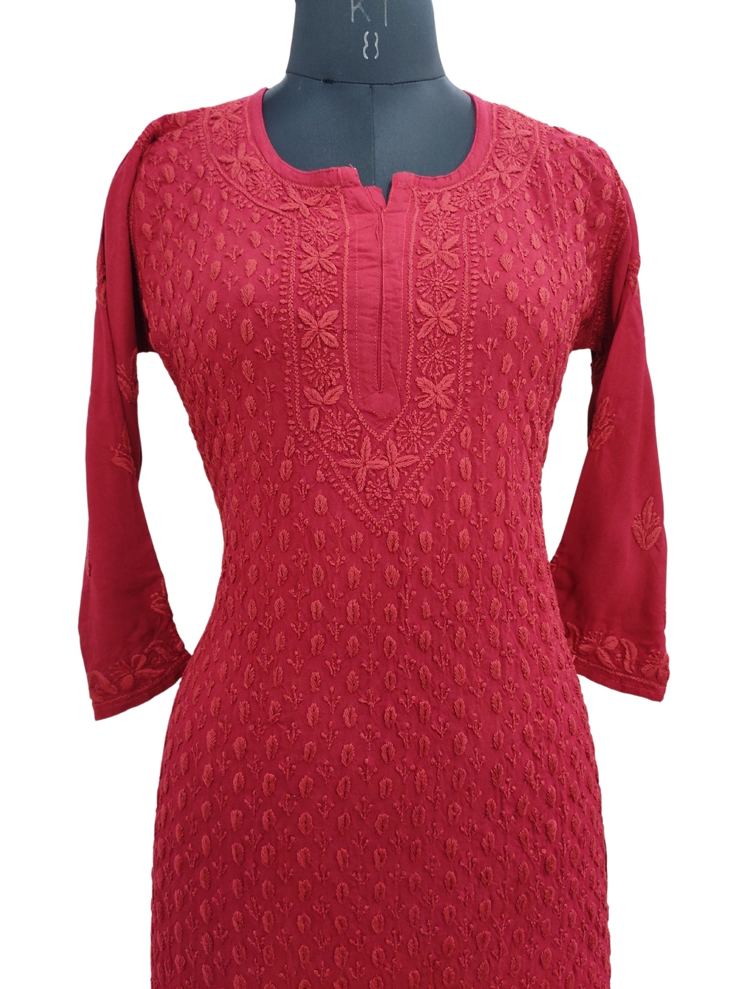 Shyamal Chikan Hand Embroidered Maroon Rayon Cotton Lucknowi Chikankari Kurti- S23517