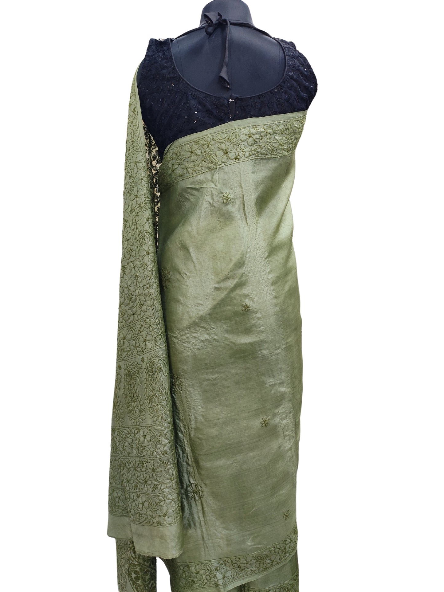 Shyamal Chikan Hand Embroidered Green Pure Tusser Silk Lucknowi Chikankari Saree With Blouse Piece- S20534