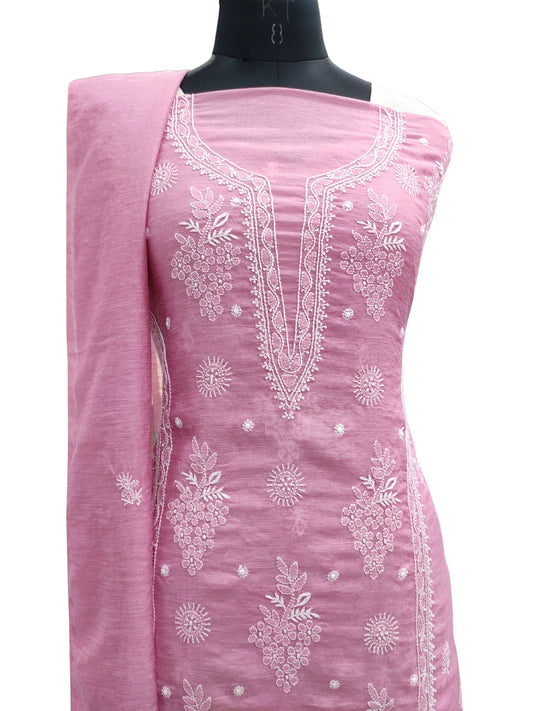 Shyamal Chikan Hand Embroidered Pink Pure Lenin Lucknowi Chikankari Unstitched Suit Piece (Kurta Dupatta Set)- S20474