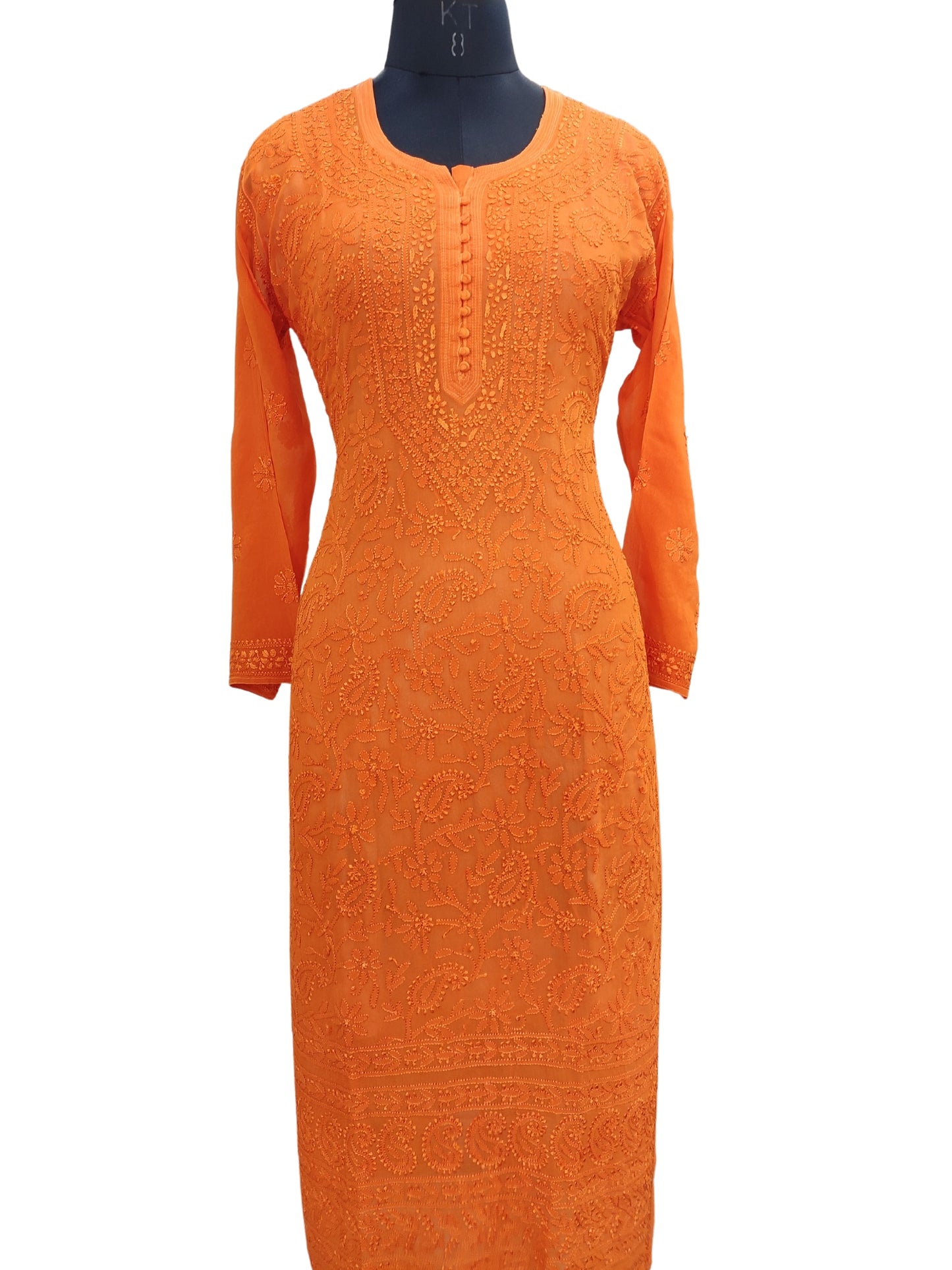 Shyamal Chikan Hand Embroidered Orange Viscose Georgette Lucknowi Chikankari Kurti - S23905