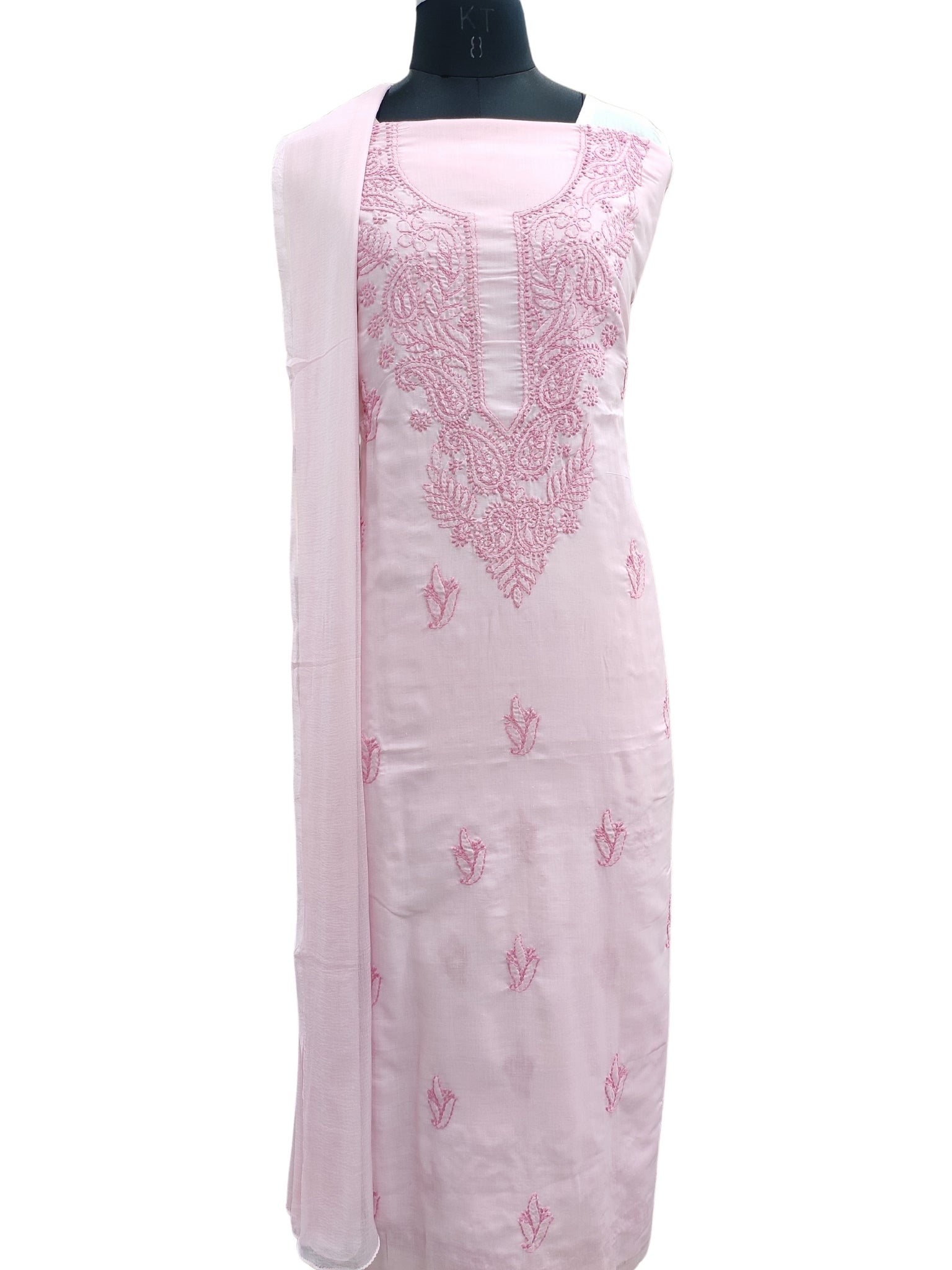 Shyamal Chikan Hand Embroidered Pink Cotton Lucknowi Chikankari Unstitched Suit Piece 24158