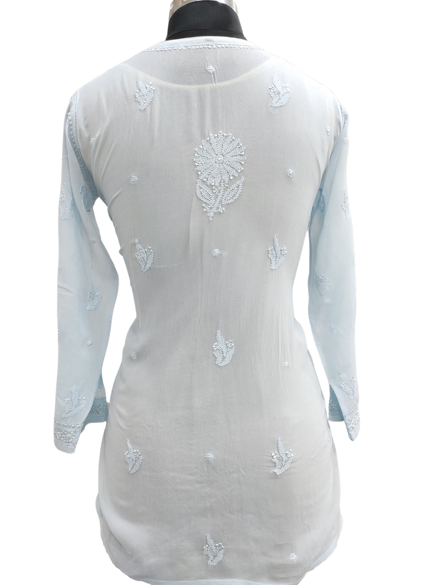 Shyamal Chikan Hand Embroidered Blue Viscose Georgette Lucknowi Chikankari Short Top - S25342