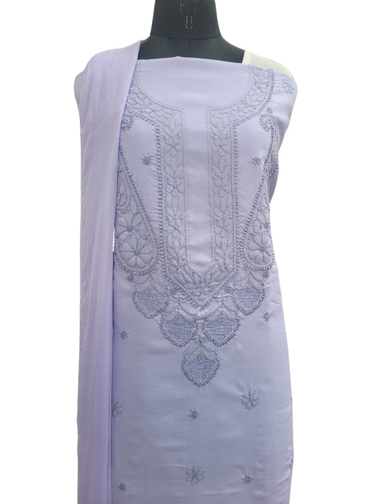 Shyamal Chikan Hand Embroidered Purple Cotton Lucknowi Chikankari Unstitched Suit Piece With Jaali Work - S25019