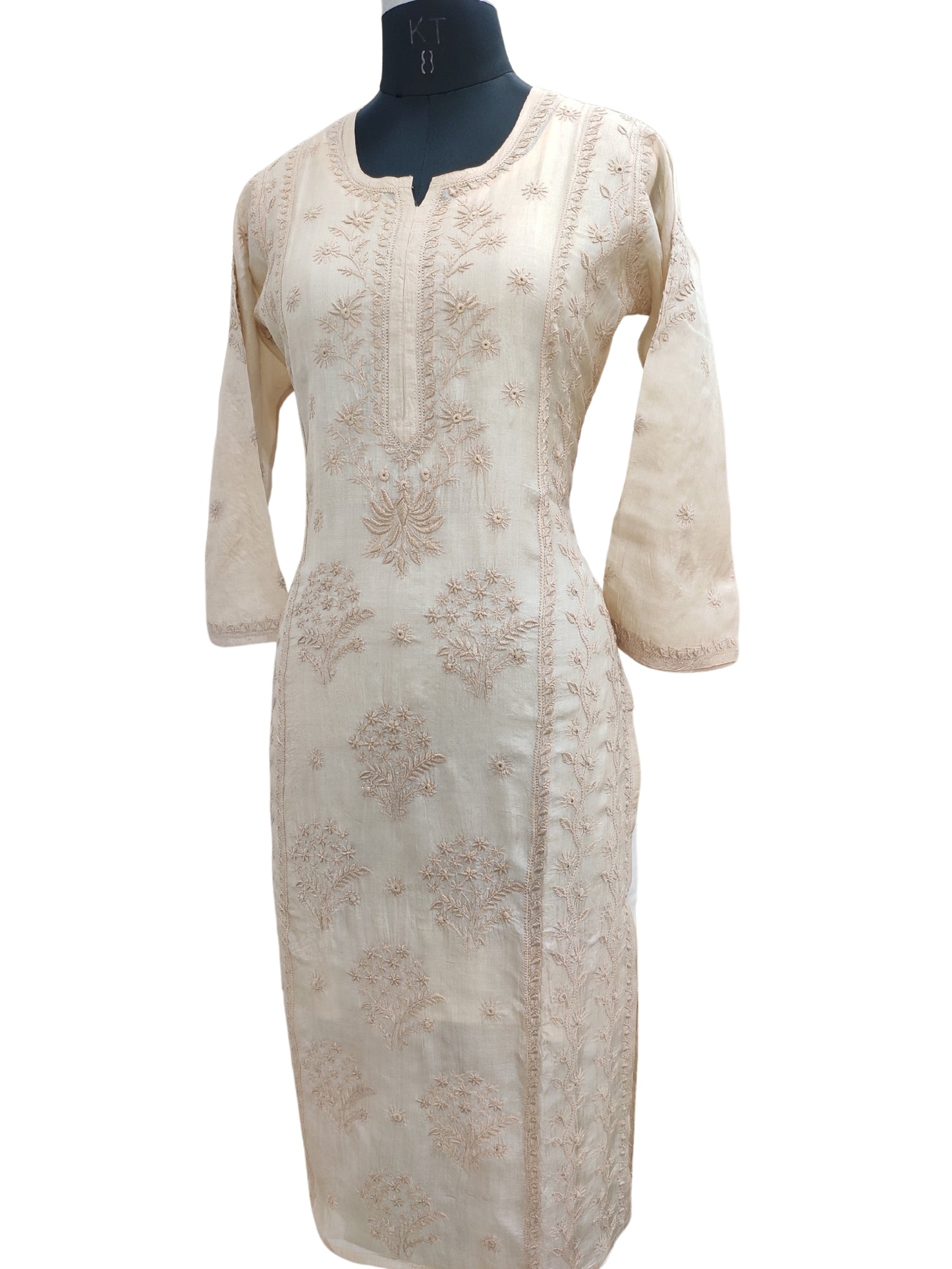 Shyamal Chikan Hand Embroidered Beige Pure Tusser Silk Lucknowi Chikankari Kurti- S25561