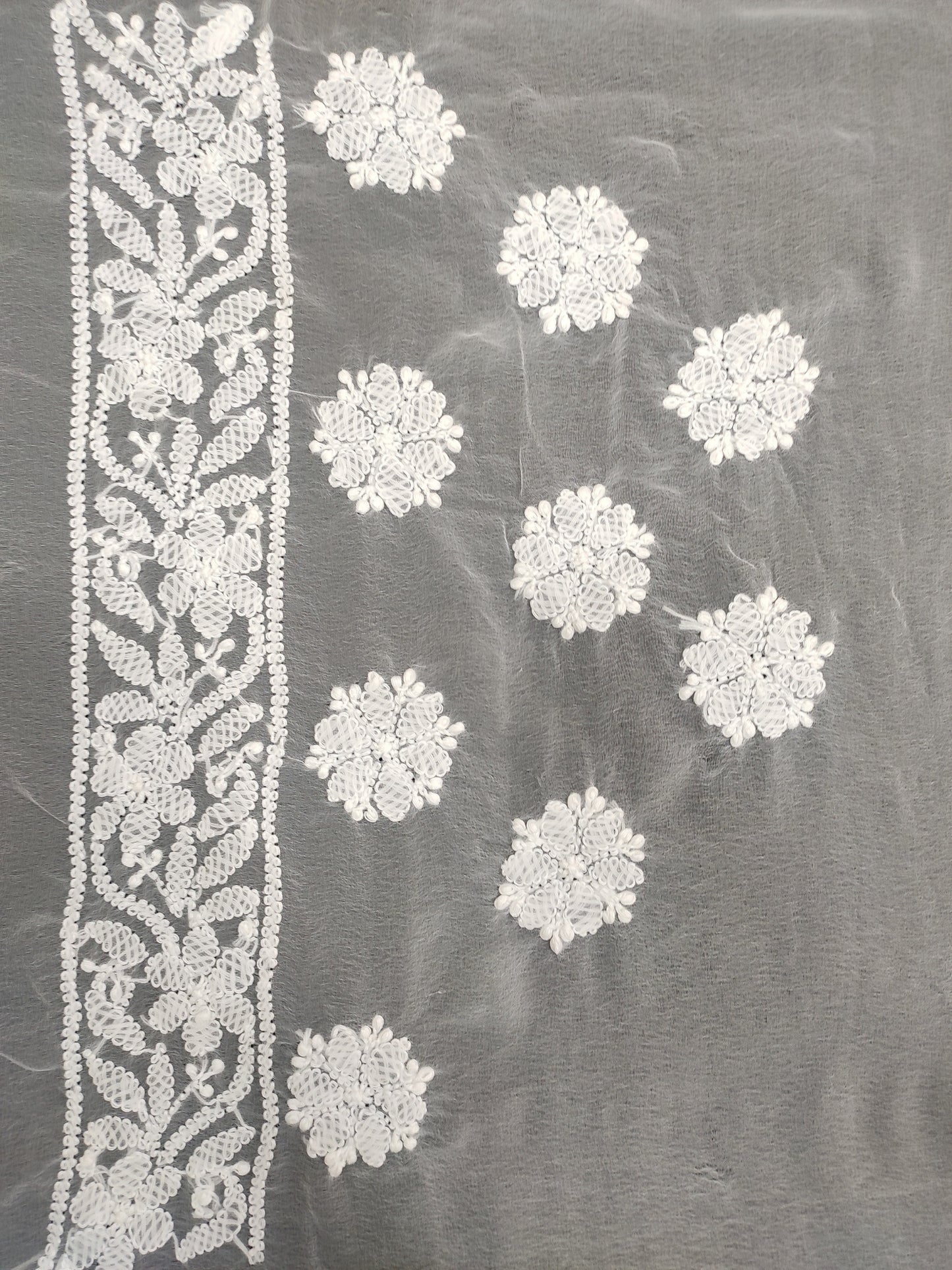 Shyamal Chikan Hand Embroidered White Georgette Lucknowi Chikankari Shoulder Jaal Saree With Blouse Piece - S25235