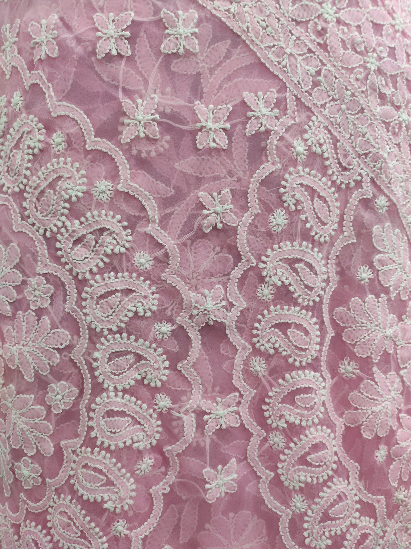 Shyamal Chikan Hand Embroidered Pink Georgette Lucknowi Chikankari Full Jaal Saree With Blouse Piece - 23992