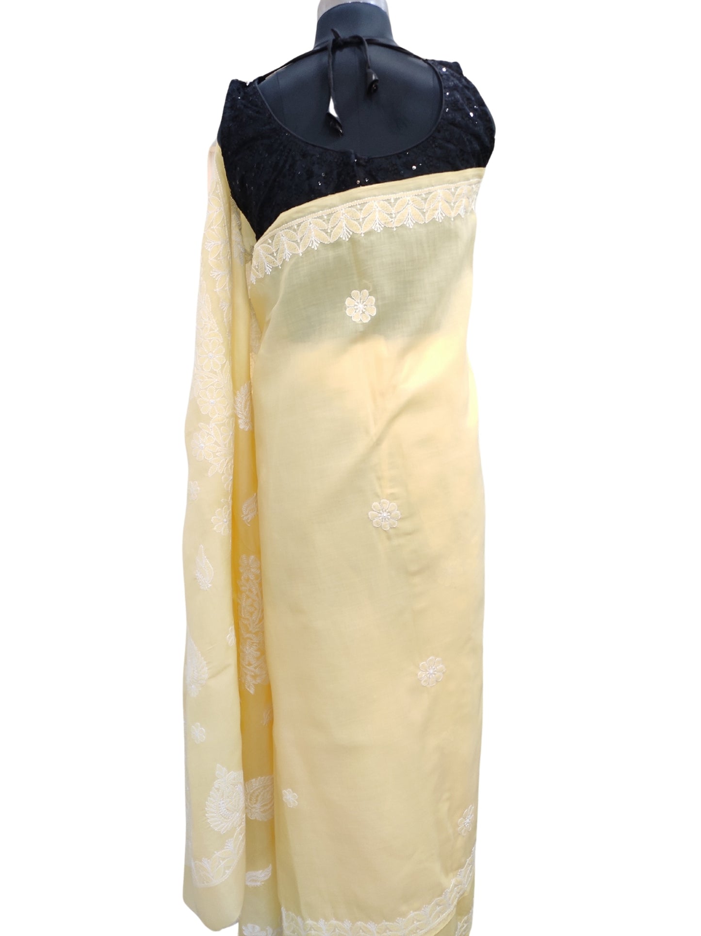 Shyamal Chikan Hand Embroidered Yellow Cotton Lucknowi Chikankari Saree With Blouse Piece- S22525