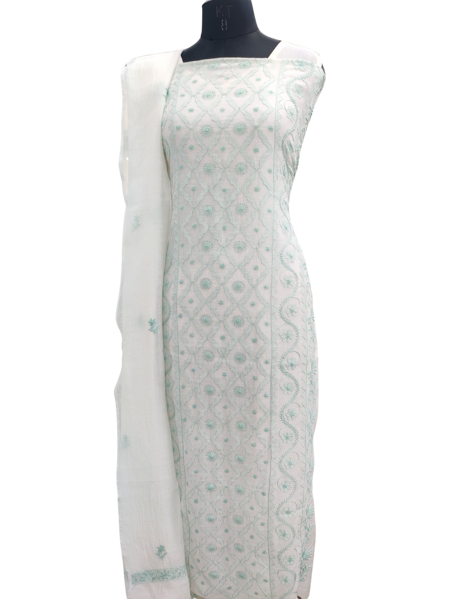 Shyamal Chikan Hand Embroidered White Mul Chanderi Lucknowi Chikankari Unstitched Suit Piece (Kurta Dupatta Set) - 23543