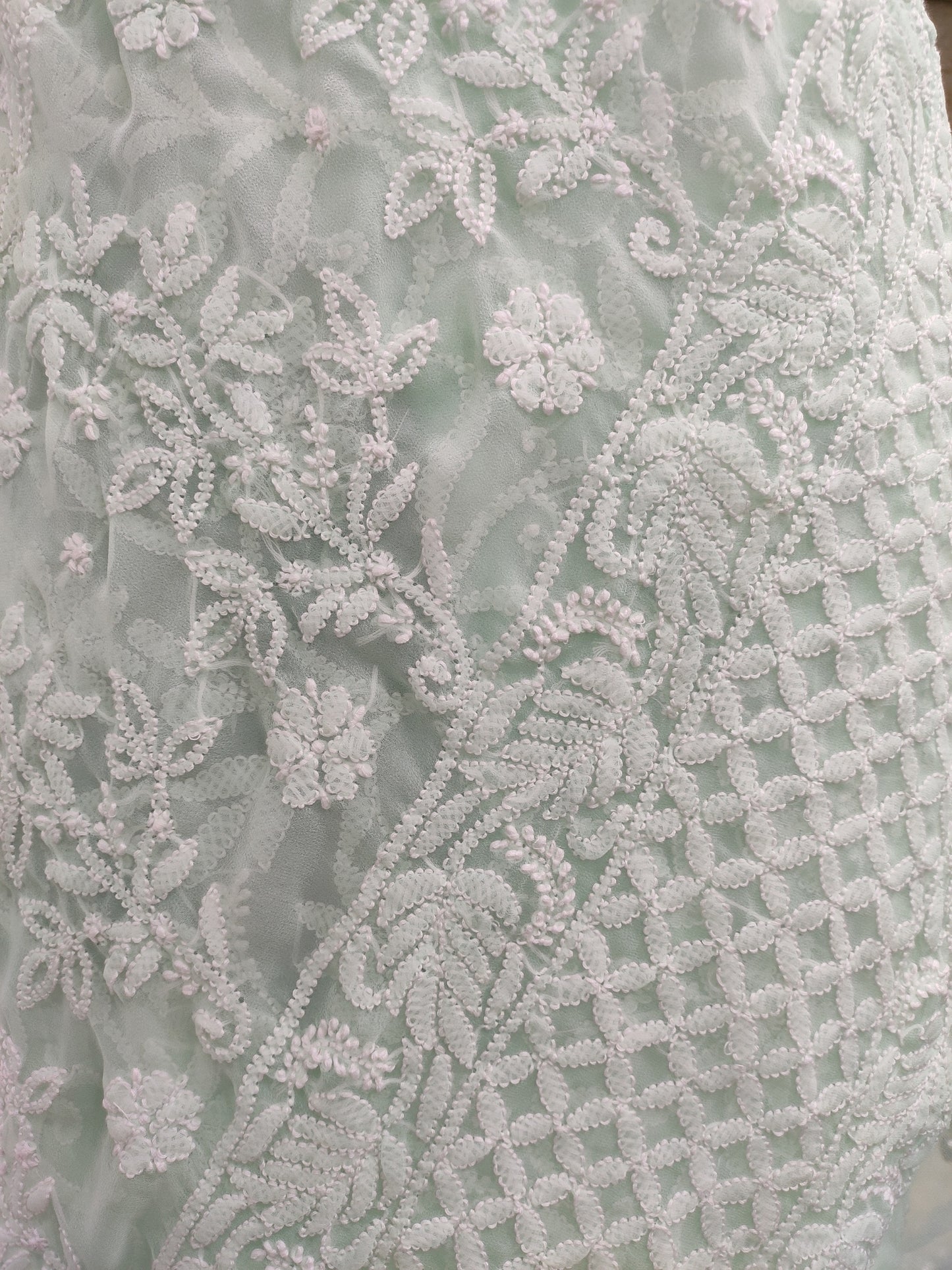 Shyamal Chikan Hand Embroidered Sea Green Georgette Lucknowi Chikankari Shoulder Jaal Saree With Blouse Piece - S21938