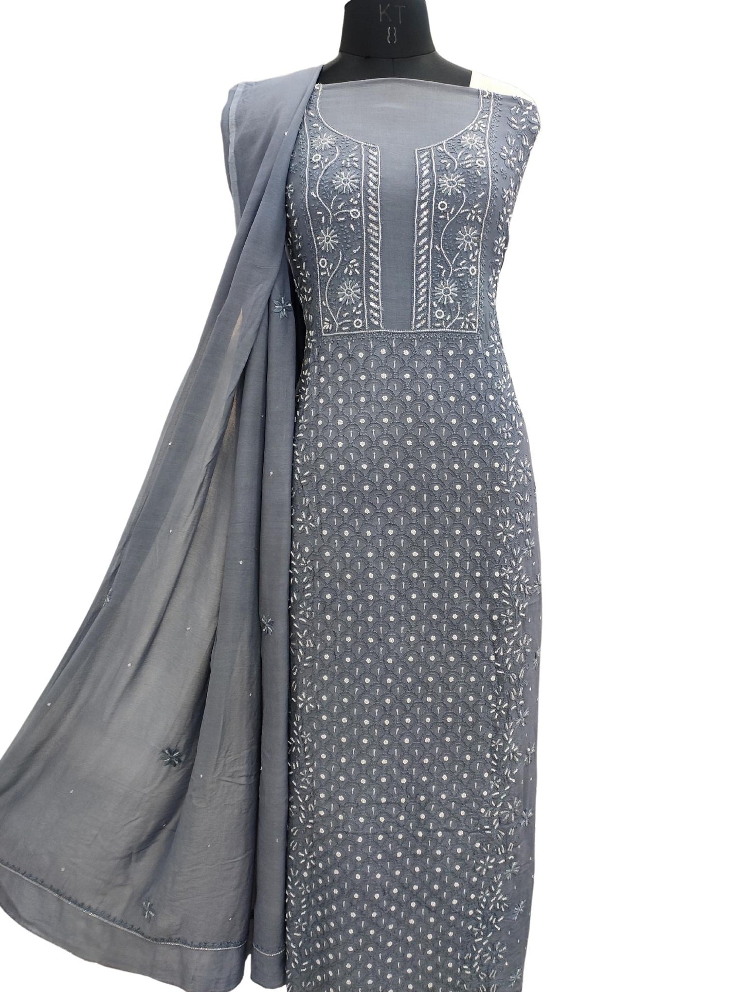 Shyamal Chikan Hand Embroidered Grey Muslin Lucknowi Chikankari Unstitched Suit Piece With Pearl and Cut Dana Work ( Kurta Dupatta Set ) - S18161