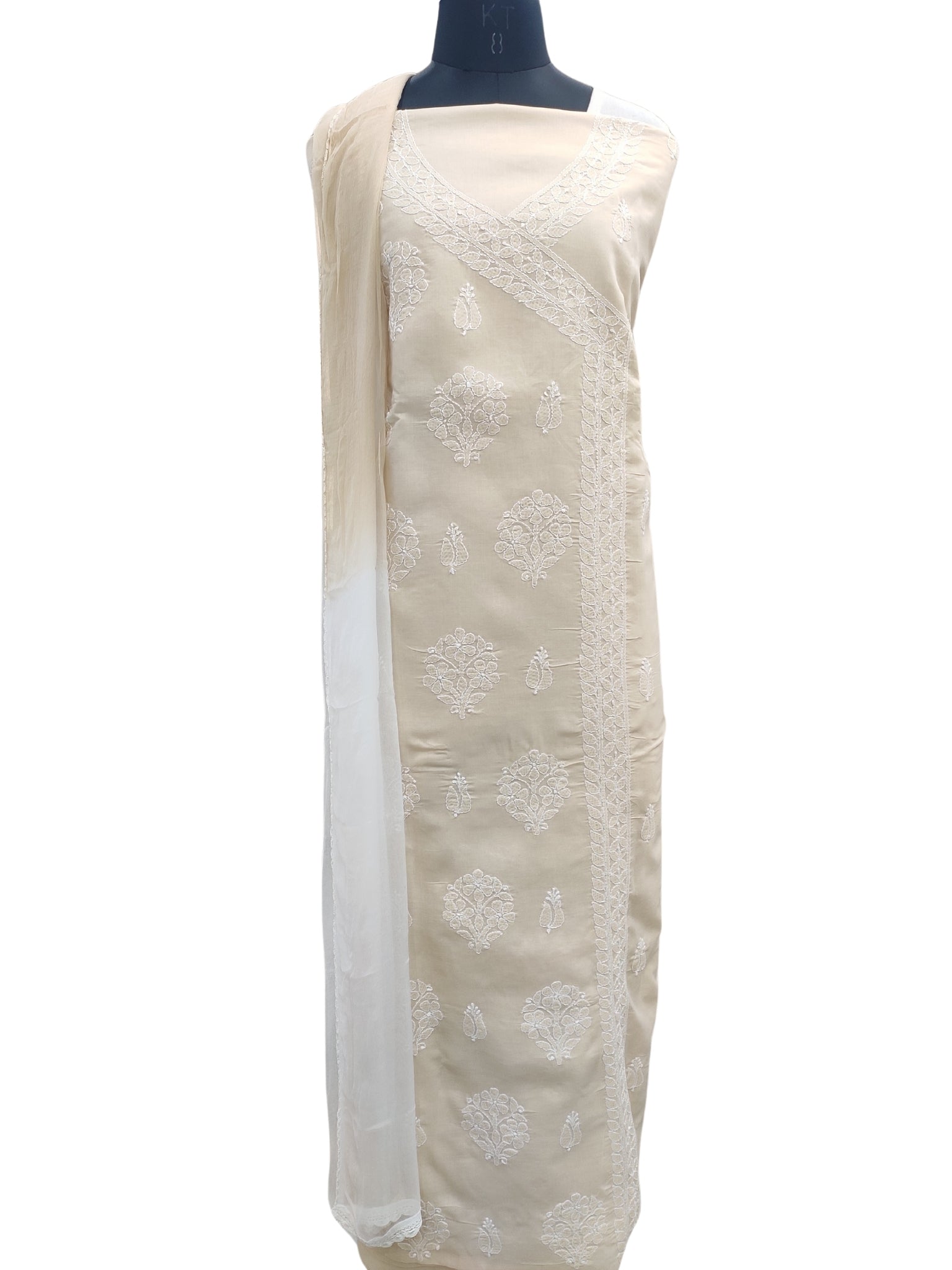 Shyamal Chikan Hand Embroidered Beige Cotton Lucknowi Chikankari Unstitched Angrakha Style Suit Piece- S21839