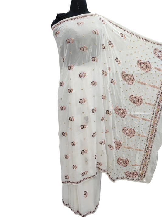 Shyamal Chikan Hand Embroidered White Pure Georgette Lucknowi Chikankari Saree With Blouse Piece  - S22212