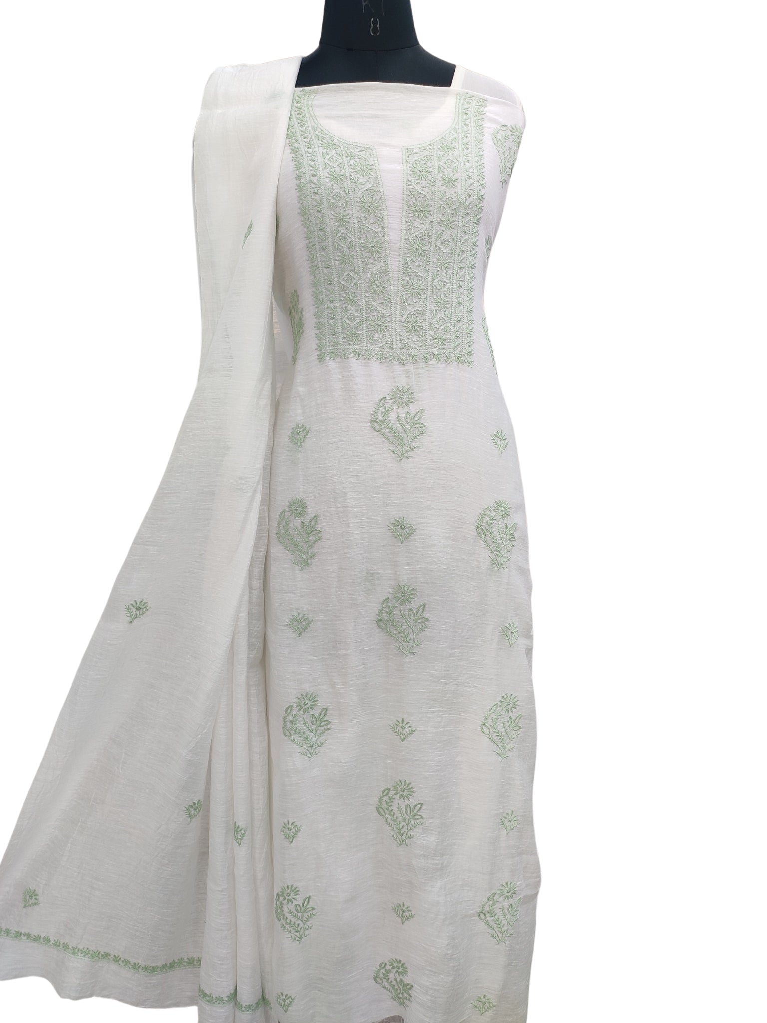 Shyamal Chikan Hand Embroidered White Pure Lenin Lucknowi Chikankari Unstitched Suit Piece (Kurta Dupatta Set )- S22863