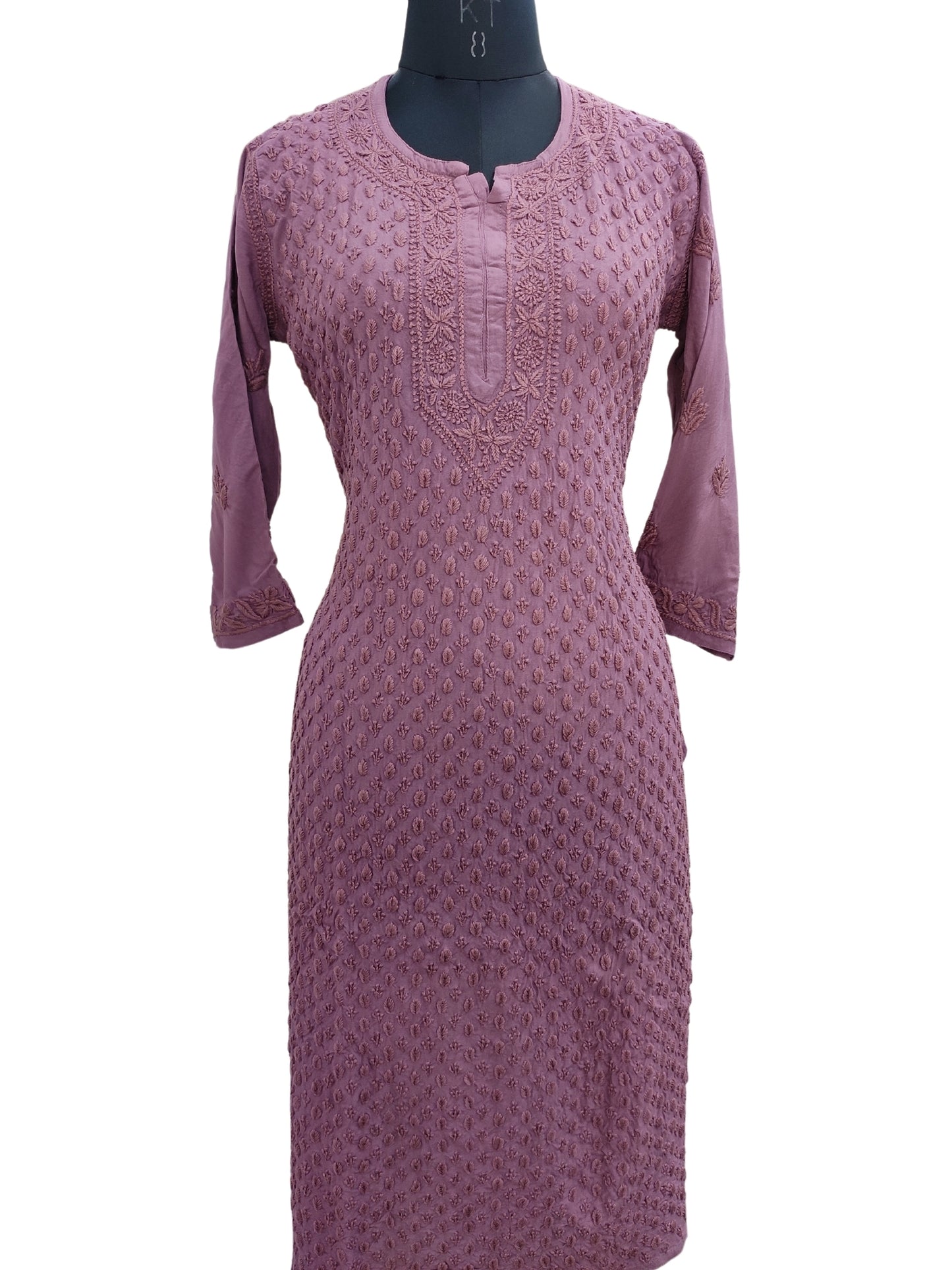 Shyamal Chikan Hand Embroidered Wine Rayon Cotton Lucknowi Chikankari Kurti- S23522