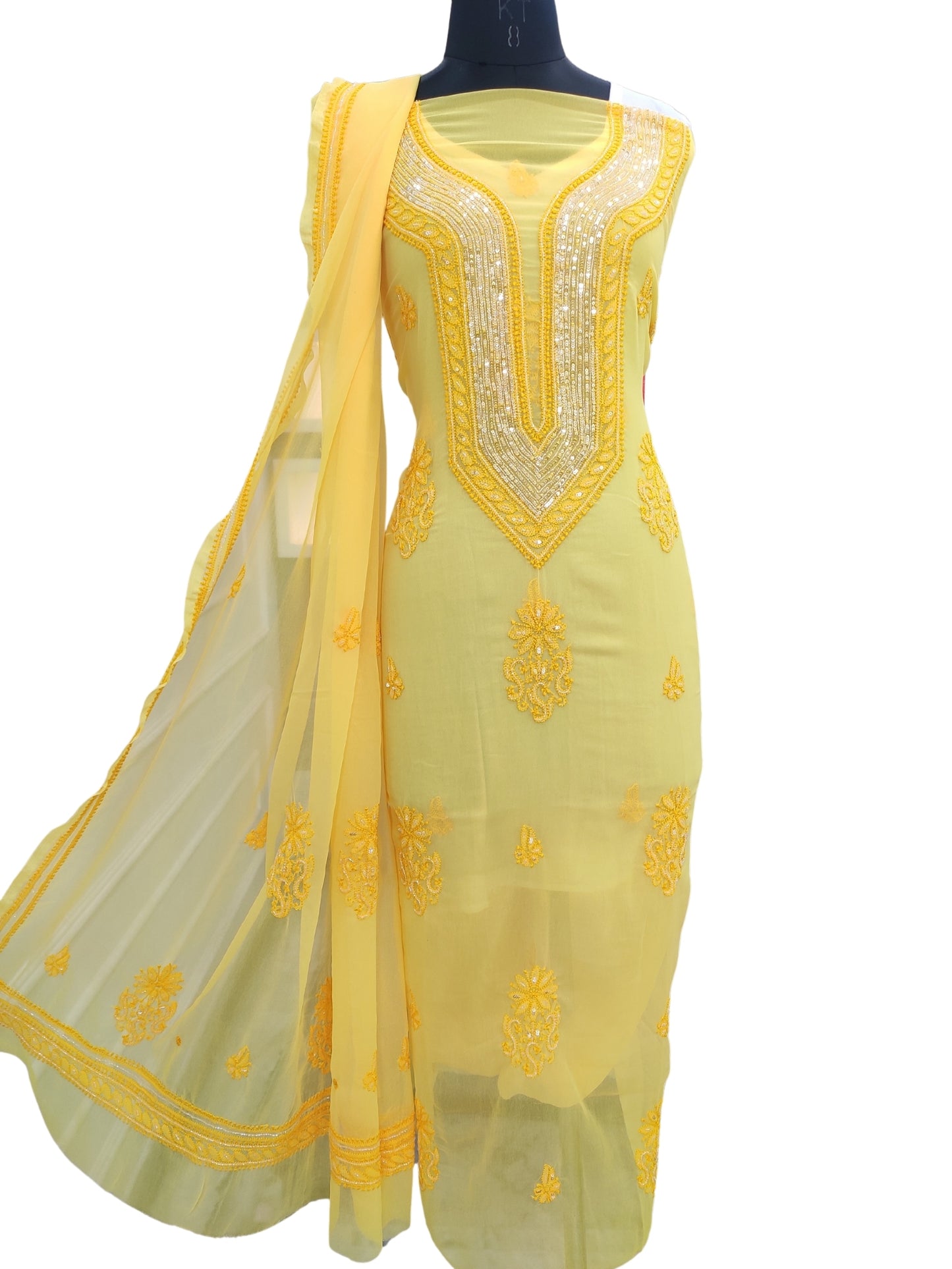 Shyamal Chikan Hand Embroidered Yellow Georgette Lucknowi Chikankari Unstitched Suit Piece With Cutdana & Sequin Work - S24381