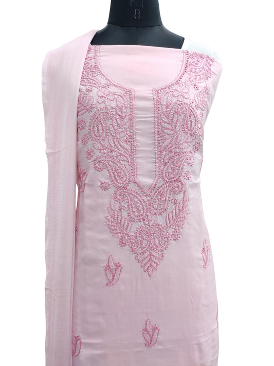 Shyamal Chikan Hand Embroidered Pink Cotton Lucknowi Chikankari Unstitched Suit Piece - S24158