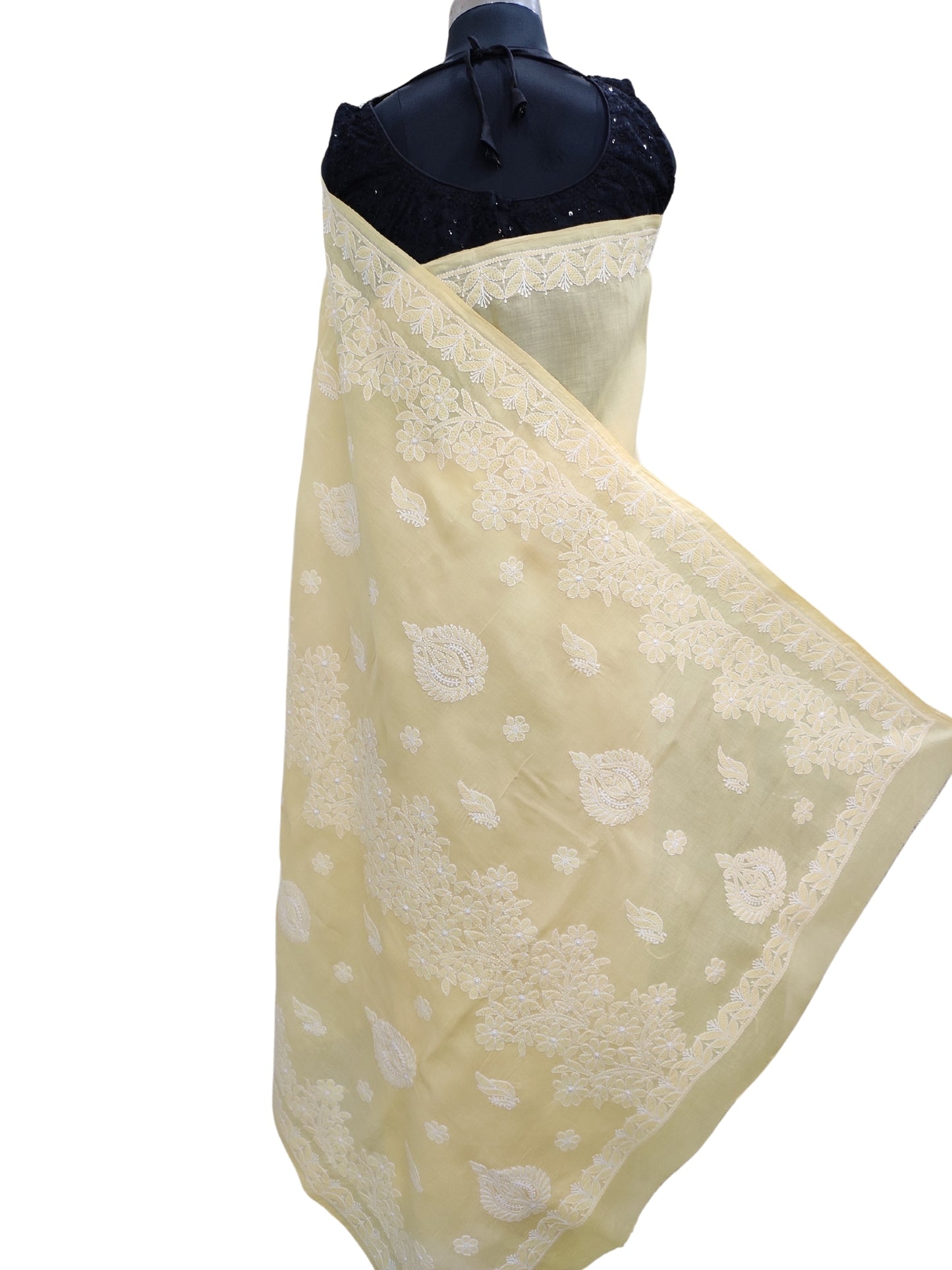 Shyamal Chikan Hand Embroidered Yellow Cotton Lucknowi Chikankari Saree With Blouse Piece- S22525