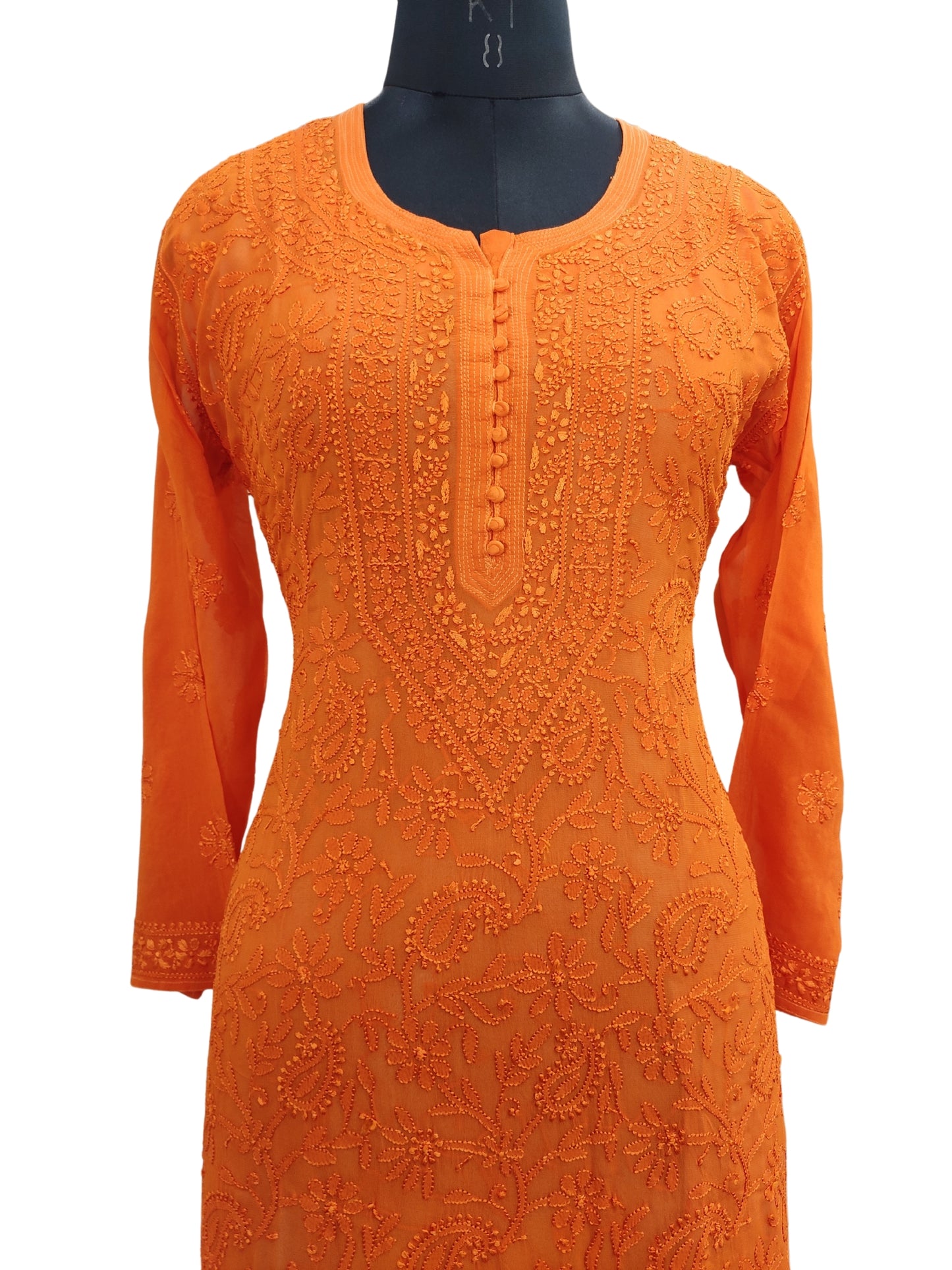 Shyamal Chikan Hand Embroidered Orange Viscose Georgette Lucknowi Chikankari Kurti - S23905