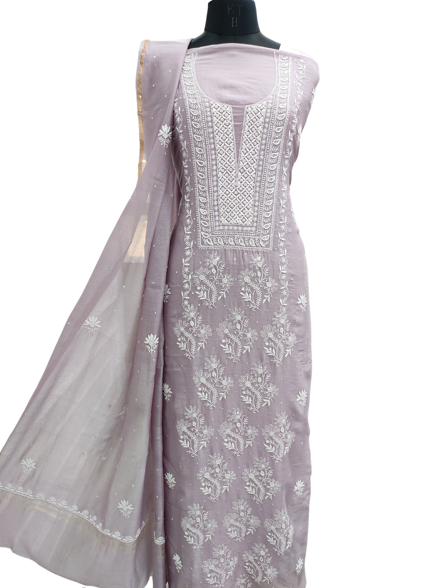 Shyamal Chikan Hand Embroidered Purple Chanderi Lucknowi Chikankari Unstitched Suit Piece with Pearl & Sequin Work (Set of 2) - S19387