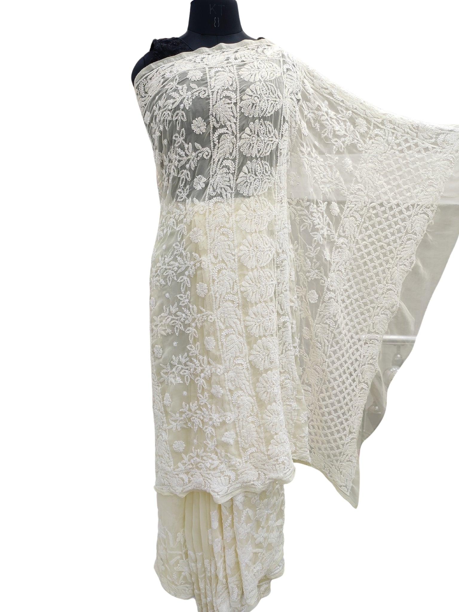 Shyamal Chikan Hand Embroidered Lemon Georgette Lucknowi Chikankari Shoulder Jaal Saree With Blouse Piece - S21937