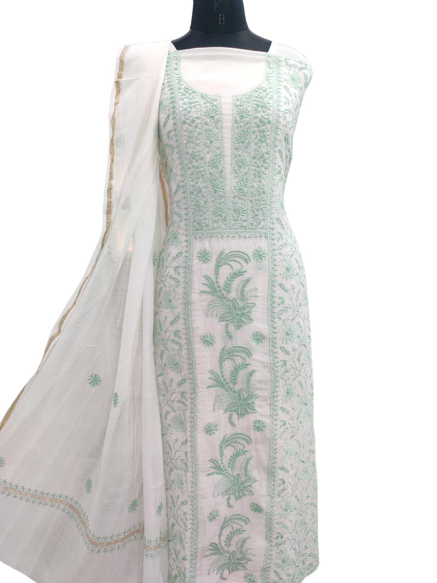 Shyamal Chikan Hand Embroidered White Mul Chanderi Lucknowi Chikankari Unstitched Suit Piece (Kurta Dupatta Set) - 23714