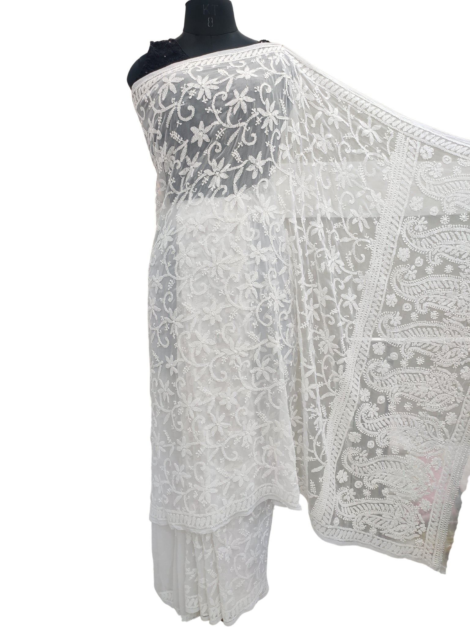 Shyamal Chikan Hand Embroidered White Georgette Lucknowi Chikankari Shoulder Jaal Saree With Blouse Piece - 23840