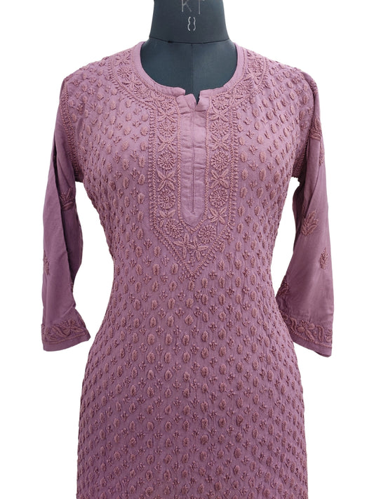 Shyamal Chikan Hand Embroidered Wine Rayon Cotton Lucknowi Chikankari Kurti- S23522