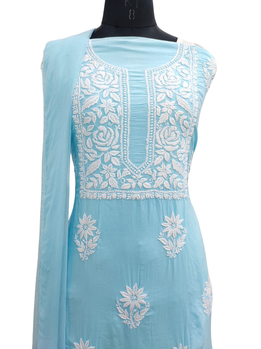 Shyamal Chikan Hand Embroidered Blue Modal Lucknowi Chikankari Unstitched Suit Piece - S25262