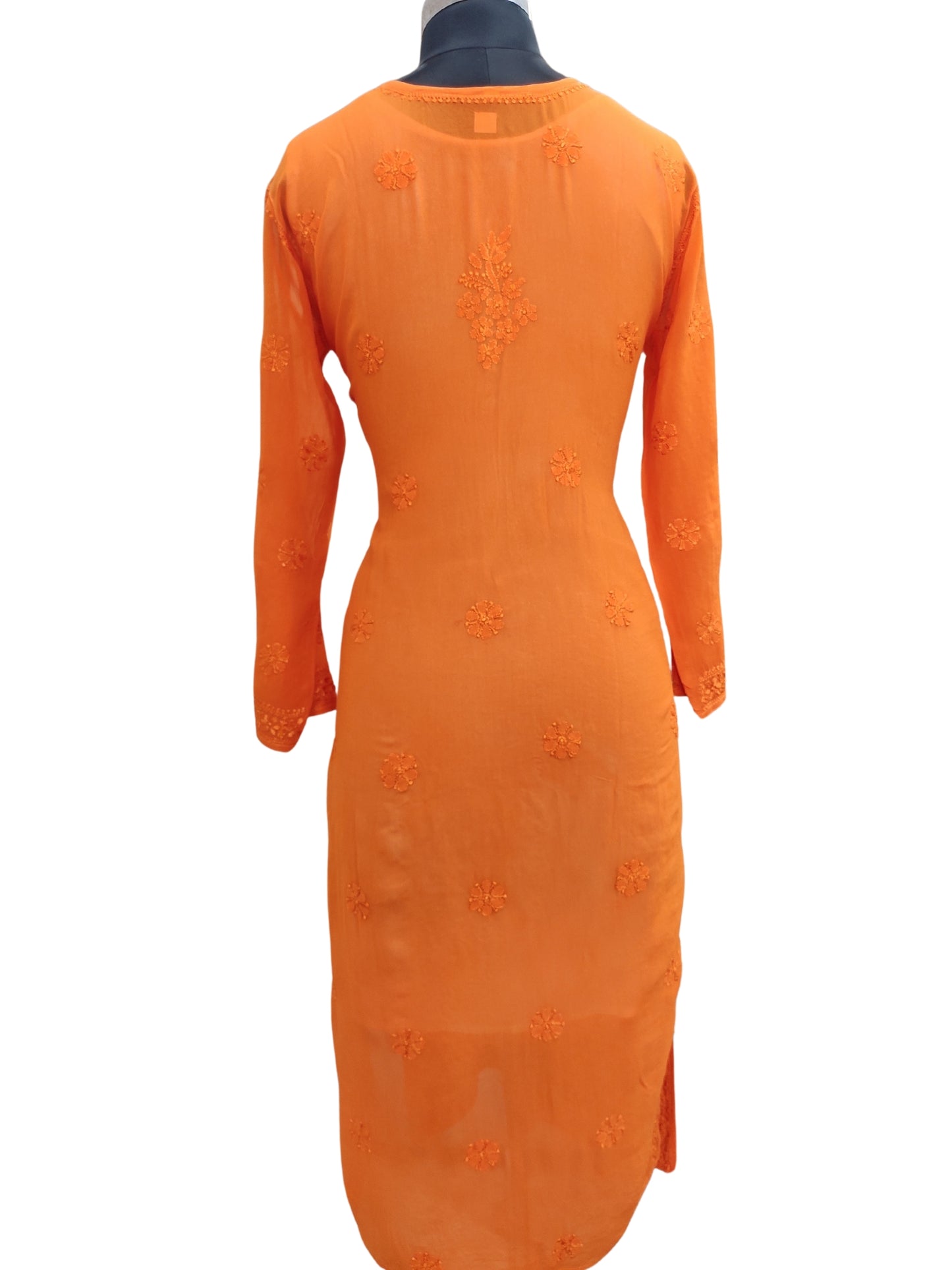 Shyamal Chikan Hand Embroidered Orange Viscose Georgette Lucknowi Chikankari Kurti - S23905