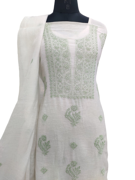 Shyamal Chikan Hand Embroidered White Pure Lenin Lucknowi Chikankari Unstitched Suit Piece (Kurta  Dupatta Set )- S22863